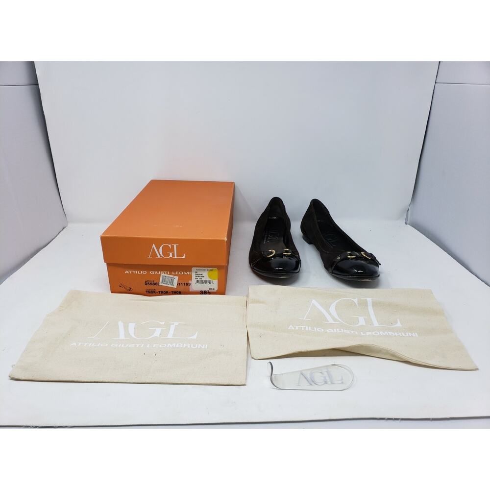 Used AGL Attilio Brown Metallic Leather Cap Toe Buckle Ballet Flats Sz‎ 38.5